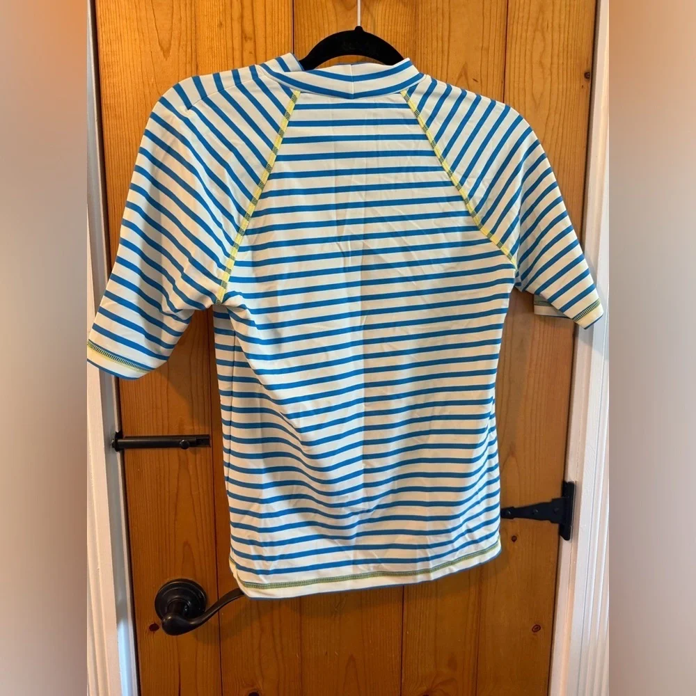 Johnnie B Blue and White Striped Short Sleeve Rash Guard EUC